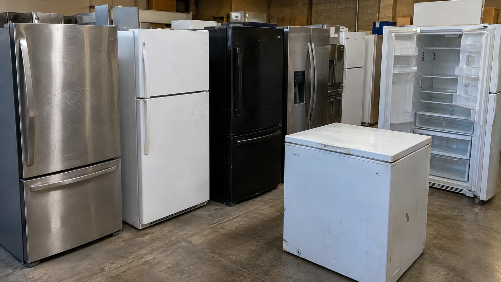 Used refrigerators and freezers in mixed finishes with ordinary wear