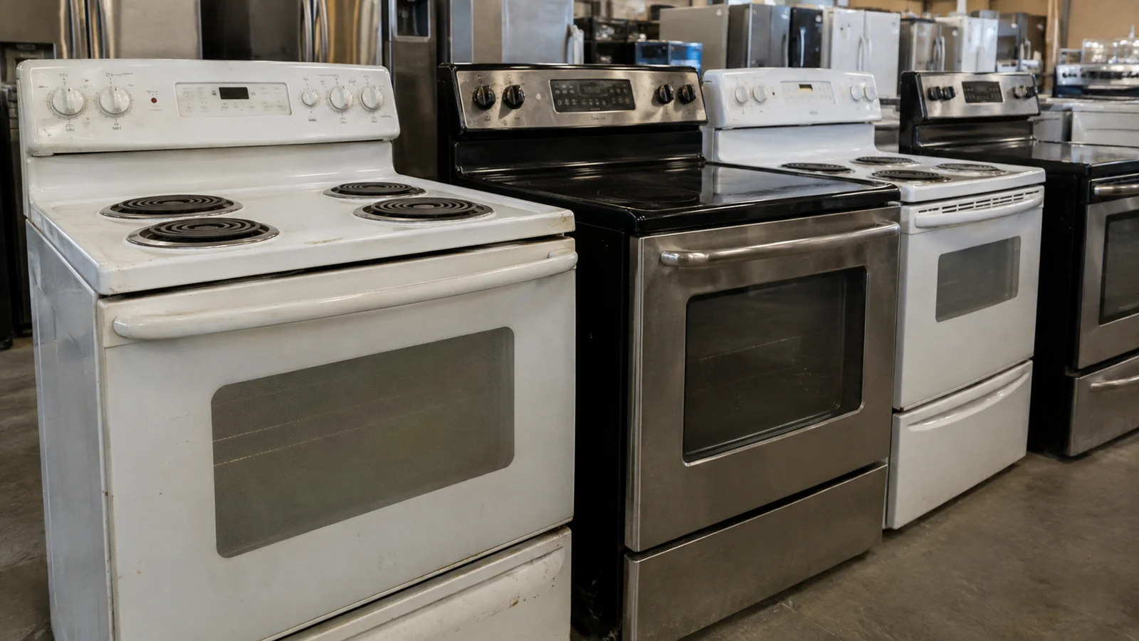 Row of used electric stoves and ovens with mixed finishes