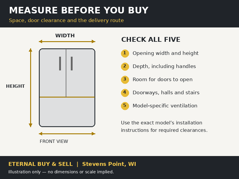 Refrigerator measuring checklist showing width, height, depth, door clearance and delivery route